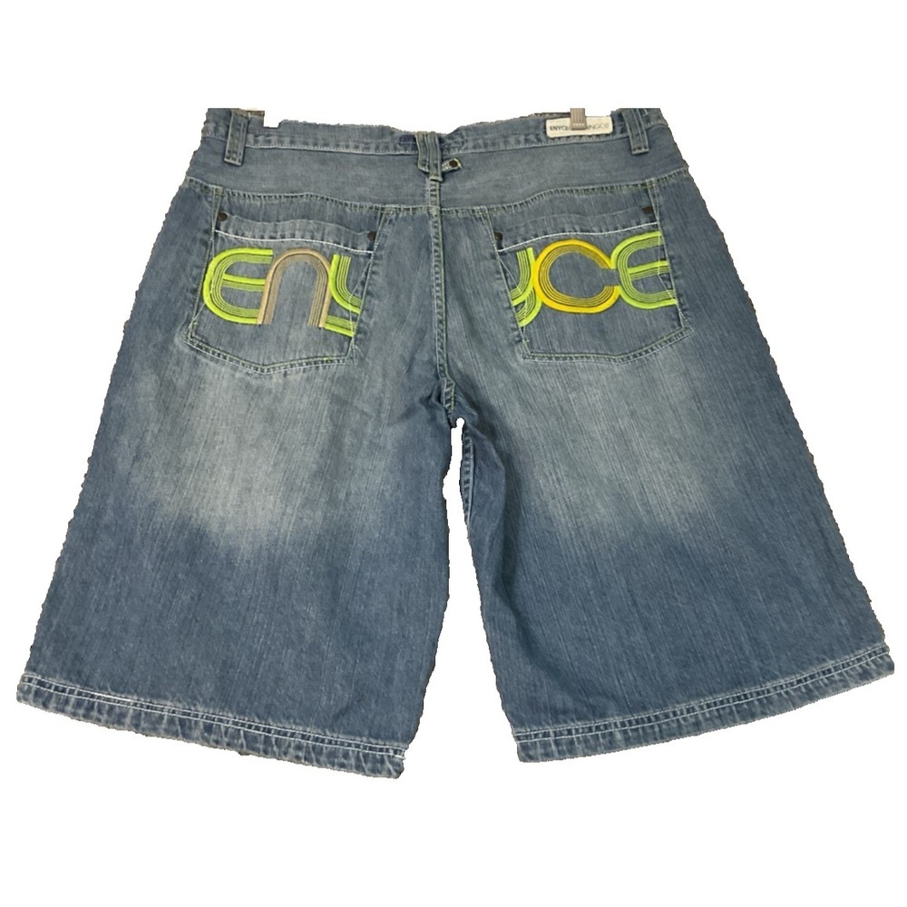 ENYCE Vintage Jean Shorts Y2K Embroidered Grunge Jorts Size 38 Skate Baggy Denim